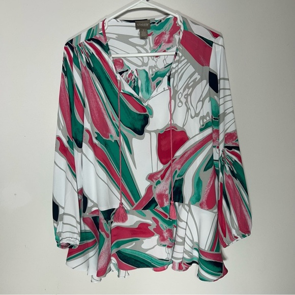 Chico's Tops - Chico's Pink/Green/White 3/4 Length Sleeve Flowing Ruffle Blouse Size 1(M)